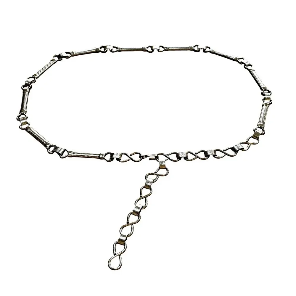 Vintage silvertone metal station chain belt ribbed bar link OS skinny adjustable